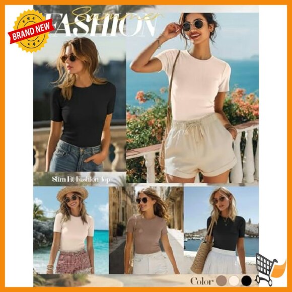 3 Pack Women's Ribbed Cotton Tees Slim Fit Short Sleeve Crewneck Tops - Picture 6 of 8